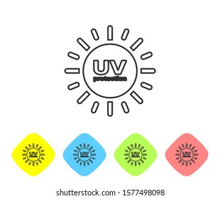 Grey line UV protection icon isolated on white background. Ultra violet rays radiation. SPF sun sign. Set icons in color rhombus buttons. Vector Illustration