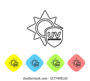 Grey line UV protection icon isolated on white background. Sun and shield. Ultra violet rays radiation. SPF sun sign. Set icons in color rhombus buttons. Vector Illustration