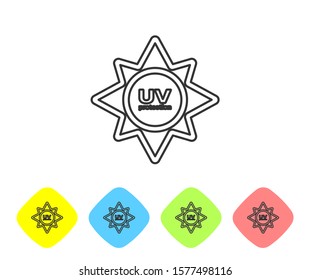 Grey line UV protection icon isolated on white background. Ultra violet rays radiation. SPF sun sign. Set icons in color rhombus buttons. Vector Illustration