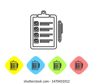 Grey line Verification of delivery list clipboard and pen icon isolated on white background. Set icons in color rhombus buttons. Vector Illustration