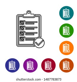 Grey line Verification of delivery list clipboard and pen icon isolated on white background. Set icons in color circle buttons. Vector Illustration