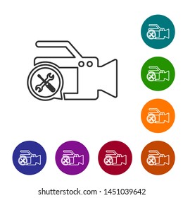 Grey line Video camera with screwdriver and wrench icon isolated on white background. Adjusting, service, setting, maintenance, repair, fixing. Set icon in color circle buttons. Vector Illustration