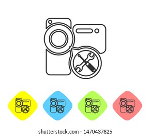 Grey line Video camera with screwdriver and wrench icon isolated on white background. Adjusting, service, setting, maintenance, repair, fixing. Set icon in color rhombus buttons. Vector Illustration