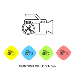 Grey line Video camera with screwdriver and wrench icon isolated on white background. Adjusting, service, setting, maintenance, repair, fixing. Set icon in color rhombus buttons. Vector Illustration
