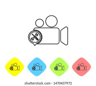 Grey line Video camera with screwdriver and wrench icon isolated on white background. Adjusting, service, setting, maintenance, repair, fixing. Set icon in color rhombus buttons. Vector Illustration