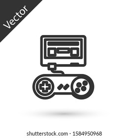 Grey line Video game console with joystick icon isolated on white background.  Vector Illustration