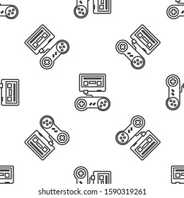 Grey line Video game console with joystick icon isolated seamless pattern on white background.  Vector Illustration