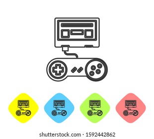 Grey line Video game console with joystick icon isolated on white background. Set icons in color rhombus buttons. Vector Illustration