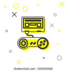 Grey line Video game console with joystick icon isolated on white background.  Vector Illustration