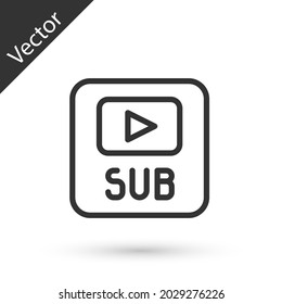 Video de línea gris con un icono de subtítulos aislado en fondo blanco.  Vector