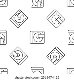 Grey line Vinyl player with a vinyl disk icon isolated seamless pattern on white background.  Vector