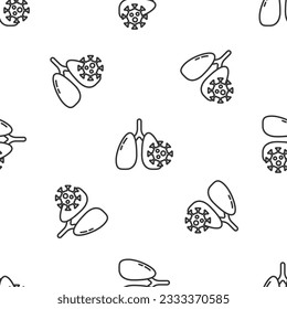 Grey line Virus cells in lung icon isolated seamless pattern on white background. Infected lungs. Coronavirus, COVID-19. 2019-nCoV.  Vector