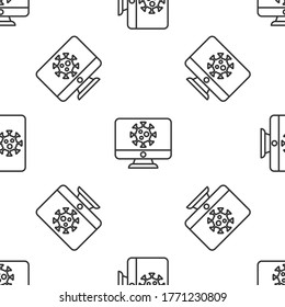 Grey line Virus statistics on monitor icon isolated seamless pattern on white background. Corona virus 2019-nCoV. Bacteria and germs, cell cancer, microbe, fungi. Vector.