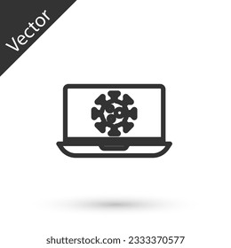 Grey line Virus statistics on laptop icon isolated on white background. Corona virus 2019-nCoV. Bacteria and germs, cell cancer, microbe, fungi. Vector