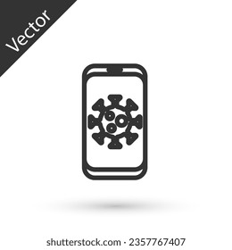 Grey line Virus statistics on mobile icon isolated on white background. Corona virus 2019-nCoV. Bacteria and germs, cell cancer, microbe, fungi.  Vector