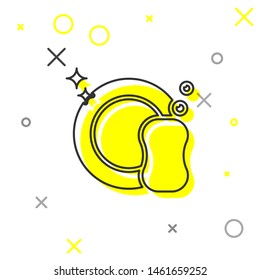 Grey line Washing dishes icon isolated on white background. Plate and sponge. Cleaning dishes icon. Dishwasher sign. Clean tableware sign.  Vector Illustration