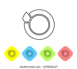 Grey line Washing dishes icon isolated on white background. Plate and sponge. Cleaning dishes icon. Dishwasher sign. Clean tableware sign. Set icon in color rhombus buttons. Vector Illustration