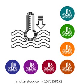 Grey line Water thermometer measuring heat and cold icon isolated on white background. Thermometer equipment showing hot or cold weather. Set icons in color circle buttons. Vector Illustration