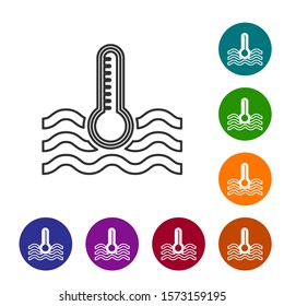 Grey line Water thermometer measuring heat and cold icon isolated on white background. Thermometer equipment showing hot or cold weather. Set icons in color circle buttons. Vector Illustration