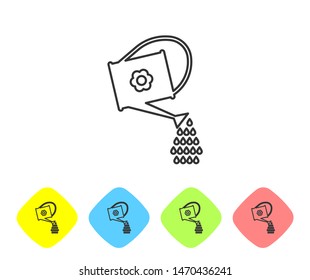 Grey line Watering can icon isolated on white background. Irrigation symbol. Set icon in color rhombus buttons. Vector Illustration