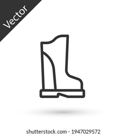 Grey line Waterproof rubber boot icon isolated on white background. Gumboots for rainy weather, fishing, gardening. Vector