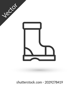 Grey line Waterproof rubber boot icon isolated on white background. Gumboots for rainy weather, fishing, gardening.  Vector