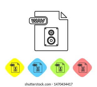 Grey line WAV file document. Download wav button icon isolated on white background. WAV waveform audio file format for digital audio riff files. Set icons in color rhombus buttons. Vector Illustration