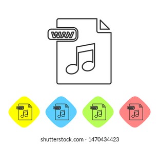 Grey line WAV file document. Download wav button icon isolated on white background. WAV waveform audio file format for digital audio riff files. Set icons in color rhombus buttons. Vector Illustration