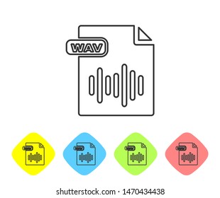 Grey line WAV file document. Download wav button icon isolated on white background. WAV waveform audio file format for digital audio riff files. Set icons in color rhombus buttons. Vector Illustration