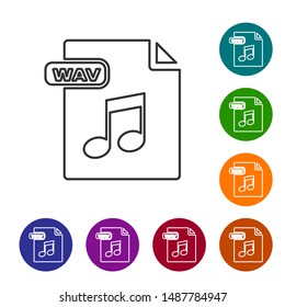 Grey line WAV file document. Download wav button icon isolated on white background. WAV waveform audio file format for digital audio riff files. Set icons in color circle buttons. Vector Illustration