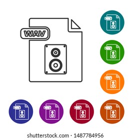 Grey line WAV file document. Download wav button icon isolated on white background. WAV waveform audio file format for digital audio riff files. Set icons in color circle buttons. Vector Illustration