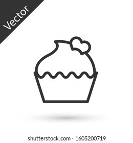 Grey line Wedding cake with heart icon isolated on white background. Valentines day symbol.  Vector Illustration