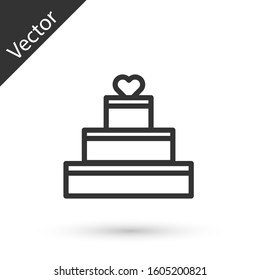 Grey line Wedding cake with heart icon isolated on white background. Valentines day symbol.  Vector Illustration