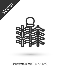 Graue Linie Wicker Zaun von dünnen Stäben mit alten Tonkrügen Symbol einzeln auf weißem Hintergrund. Vektorgrafik.
