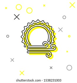 Grey line Wind and sun icon isolated on white background. Windy weather.  Vector Illustration