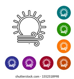 Grey line Wind and sun icon isolated on white background. Windy weather. Set icons in color circle buttons. Vector Illustration