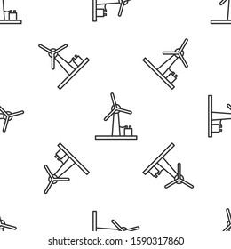 Grey line Wind turbine icon isolated seamless pattern on white background. Wind generator sign. Windmill for electric power production.  Vector Illustration
