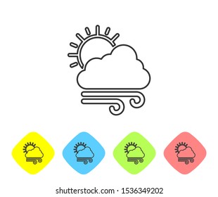 Grey line Windy weather icon isolated on white background. Cloud with sun and wind. Set icons in color rhombus buttons. Vector Illustration