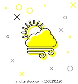 Grey line Windy weather icon isolated on white background. Cloud with sun and wind.  Vector Illustration
