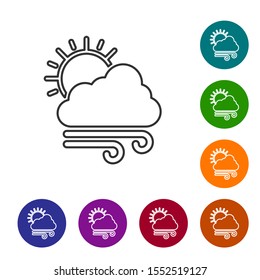 Grey line Windy weather icon isolated on white background. Cloud with sun and wind. Set icons in color circle buttons. Vector Illustration