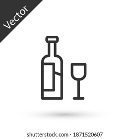 Grey line Wine bottle with glass icon isolated on white background. Vector.