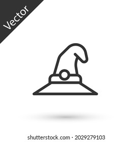 Grey line Witch hat icon isolated on white background. Happy Halloween party.  Vector