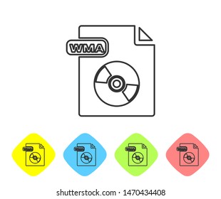 Grey line WMA file document. Download wma button icon isolated on white background. WMA file symbol. Wma music format sign. Set icons in color rhombus buttons. Vector Illustration