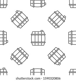 Grey line Wooden barrel icon isolated seamless pattern on white background. Alcohol barrel, drink container, wooden keg for beer, whiskey, wine.  Vector Illustration