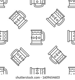 Grey line Wooden mug icon isolated seamless pattern on white background.  Vector Illustration