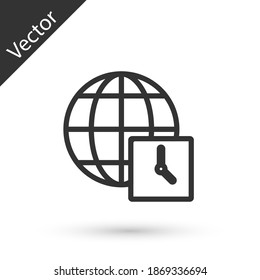 Grey line World time icon isolated on white background. Clock and globe. Vector.