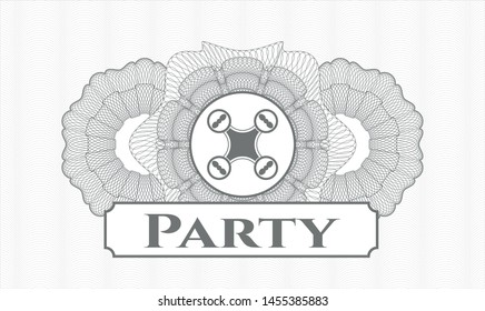 Grey linear rosette with air drone icon and Party text inside