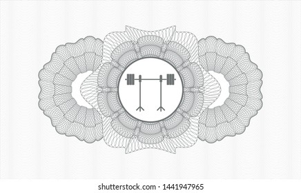 Grey linear rosette with barbell on rack icon inside