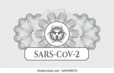 Graue Linearrosette mit Covid-19-Symbol und SARS-CoV-2-Text innen