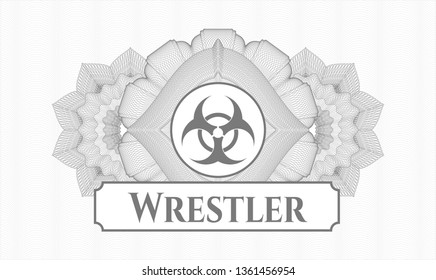 Grey linear rosette with biohazard icon and Wrestler text inside